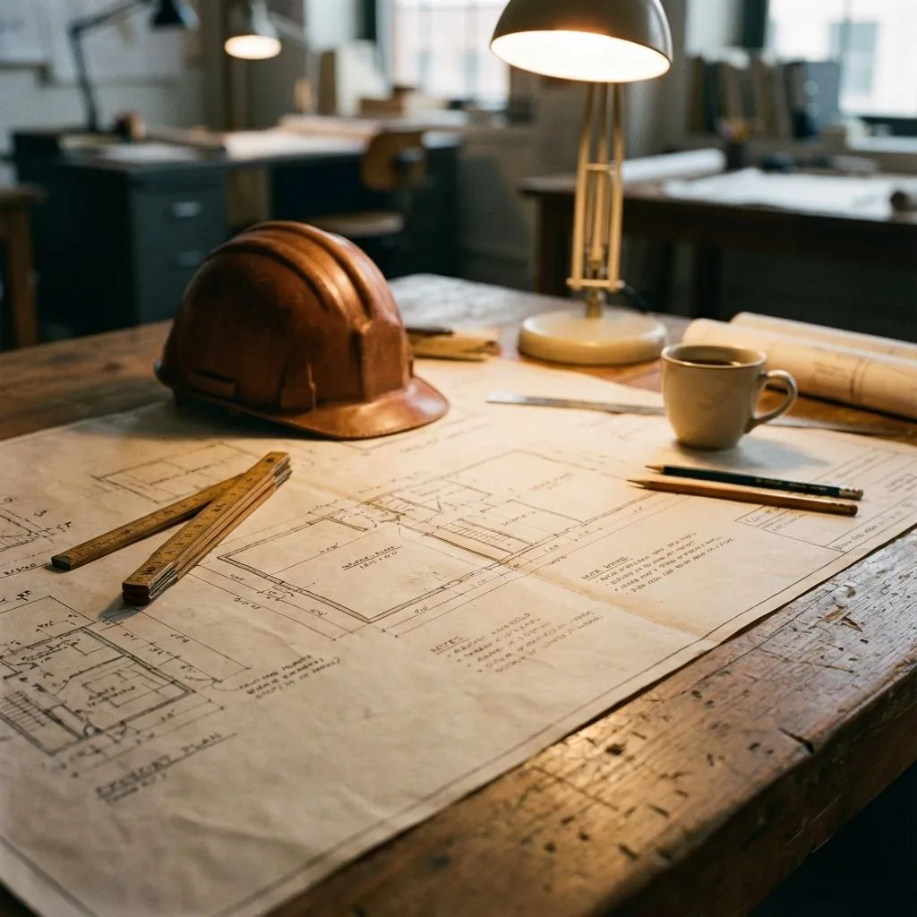 Newport construction planning office with blueprints and architectural tools – All Works Constructions