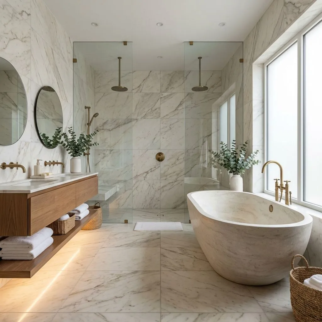 Bathroom renovation with tiled walls, modern fittings, and shower area