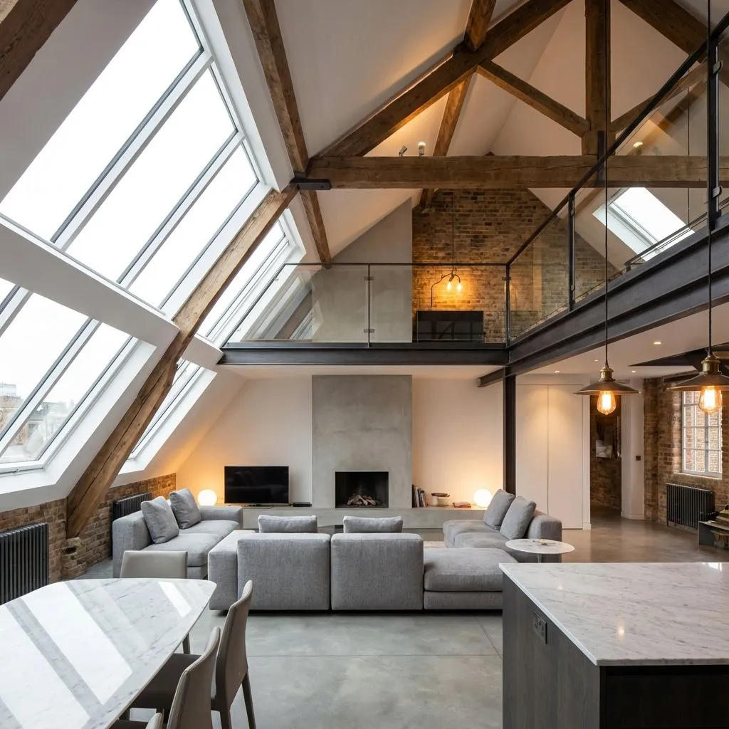 Converted loft interior with skylight windows and exposed beams