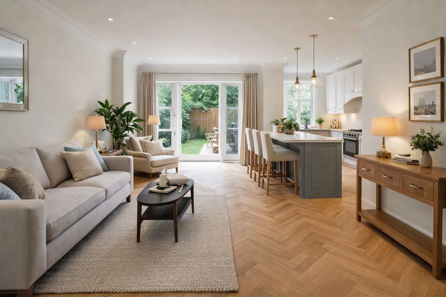 Elegant renovated Newport townhouse interior with marble finishes