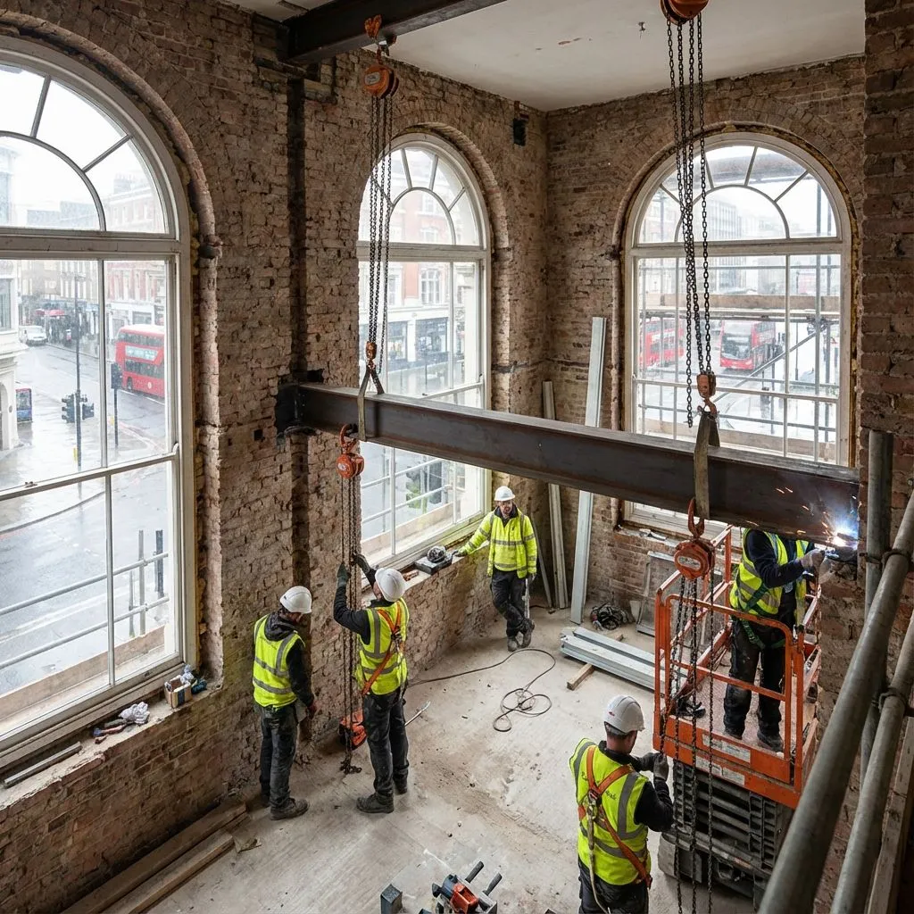 Steel beam installation inside a Newport renovation project